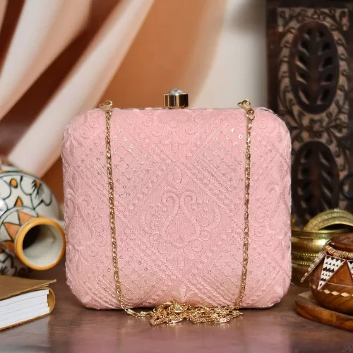 Pink Chikankari Square Clutch 1