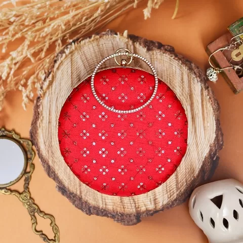 Red Embroidery Round Clutch