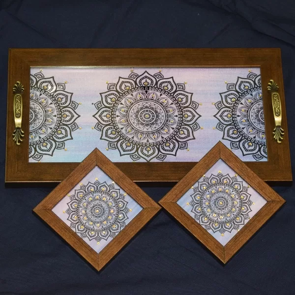 Lilac mandala tray coaster set