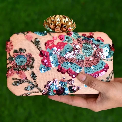 Peach Sequins Designer Clutch