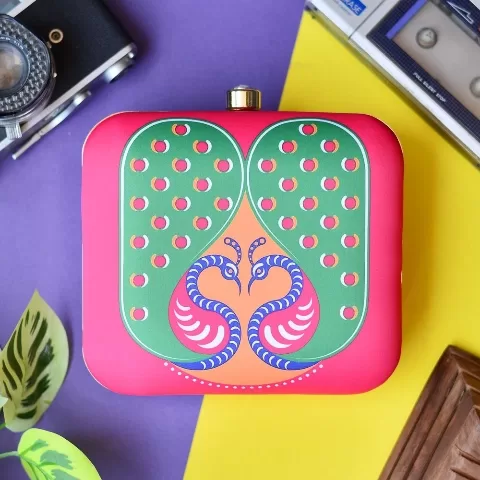 Pink Peacock printed clutch