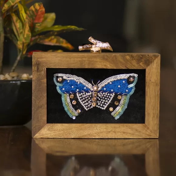 Butterfly Embroidery Wooden Clutch