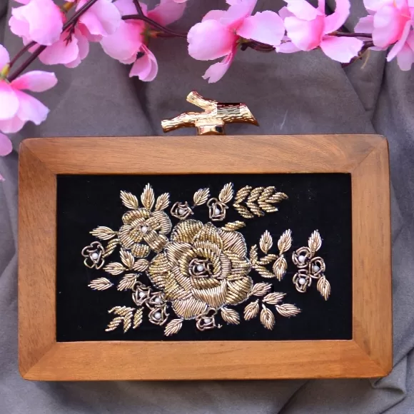 Flower Embroidery Wooden Clutch