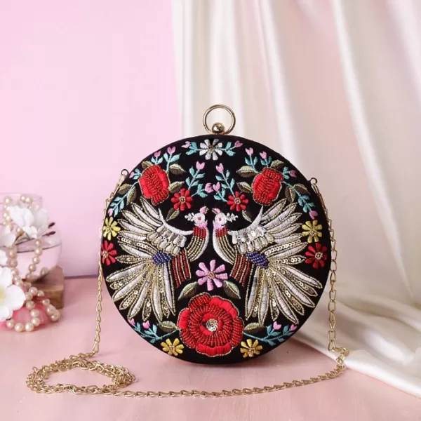 Parrot Embroidery Round Clutch