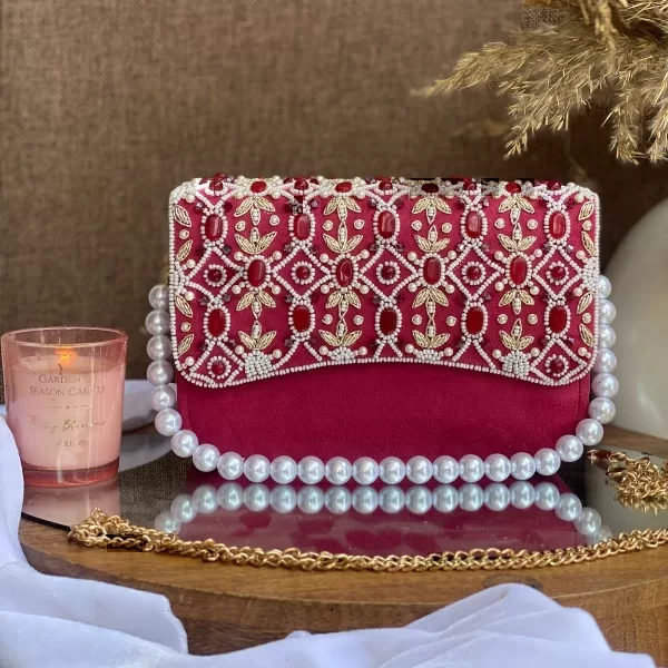 PURSEO Maroon Clutch Pearl Purses for Women Handbag Bridal Evening Clutch  Bags for Party Wedding / Dulhan