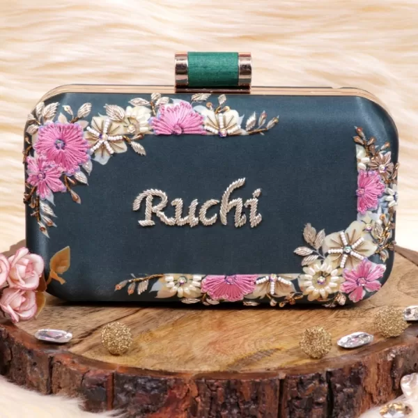 Name Embroidery Clutch Dark Green