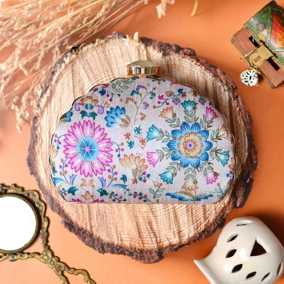 Blossomy DShape Embroidery Clutch