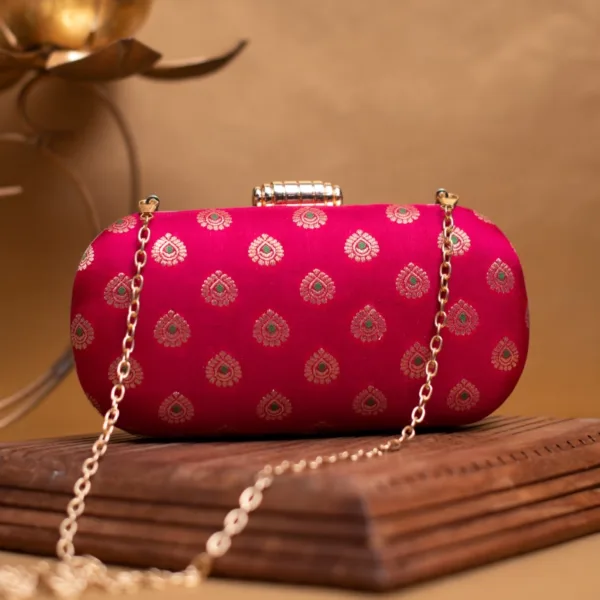 Brocade Silk Capsule Clutch Pink