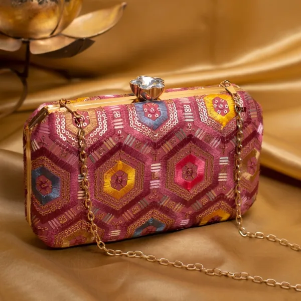 Colorful Threadwork Boxy Clutch Pink