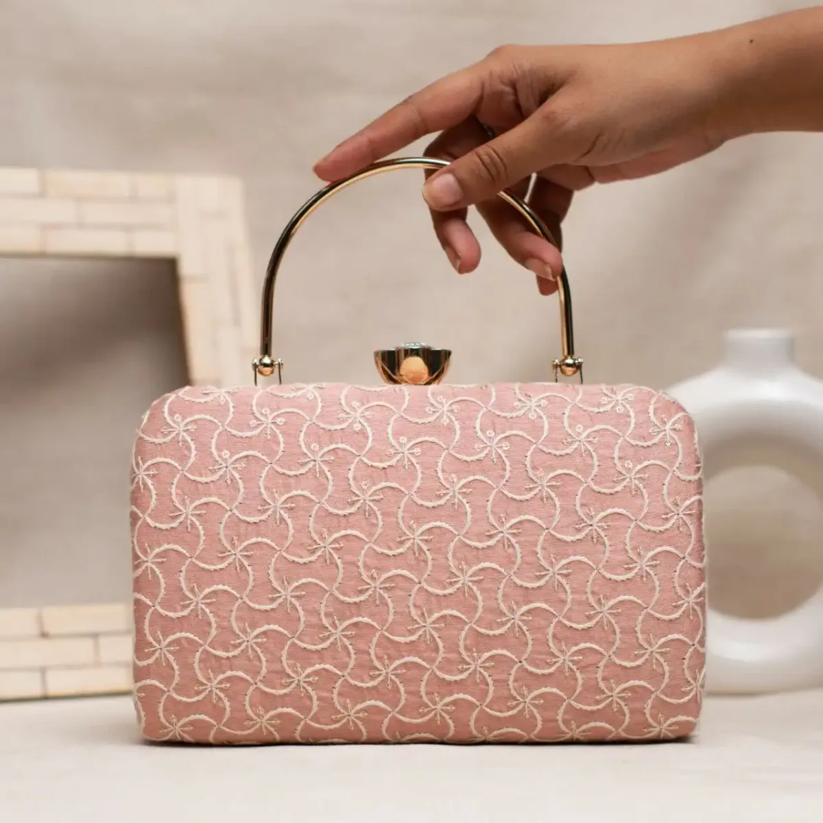 Blush Embroidered Handle Clutch