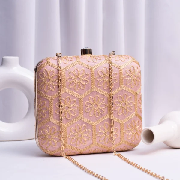 Hexa Gold Embroidery Clutch Peach