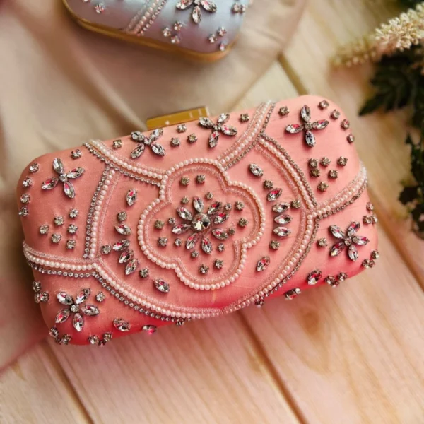 Crystal Petal Embroidery Clutch Peach