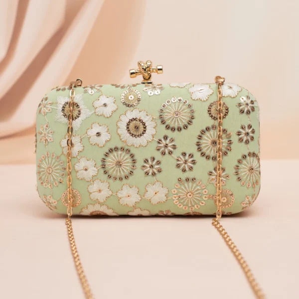 Daisy Embroidery Designer Clutch Pastel Green