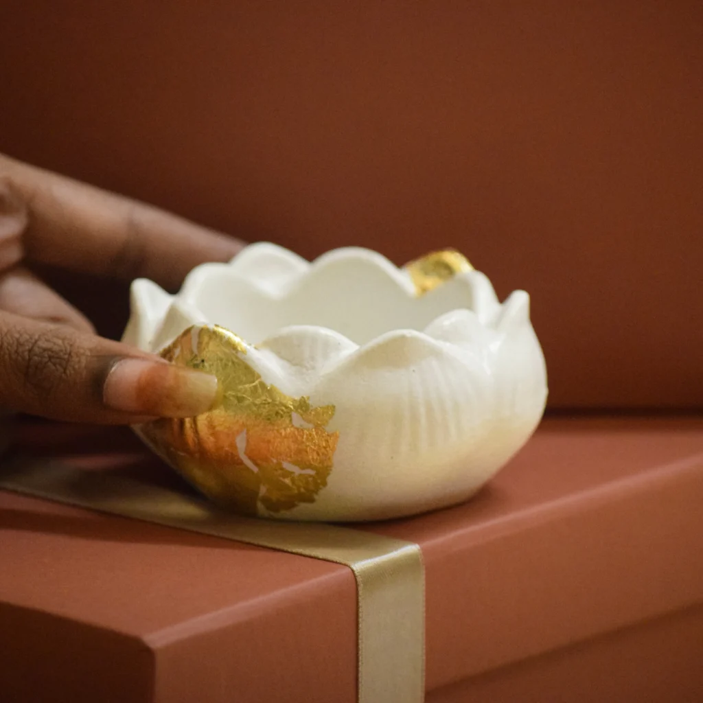 Lotus candle light holders from Diwali Glow Hamper – traditional Diwali décor gift.