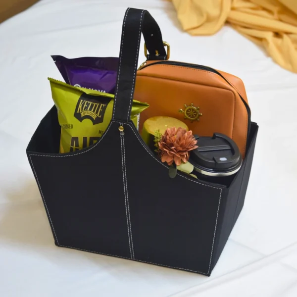Luxury black basket gift hamper with tech organizer, travel mug, premium coffee, chips, and chocolate waffles – Tech Treat Hamper by YelloWraps.
