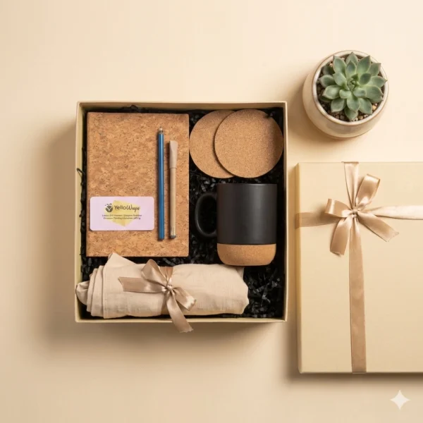 Eco Balance Desk Boxa sustainable corporate gift hamper with cork notebook, seed pen, mug & jute tote.