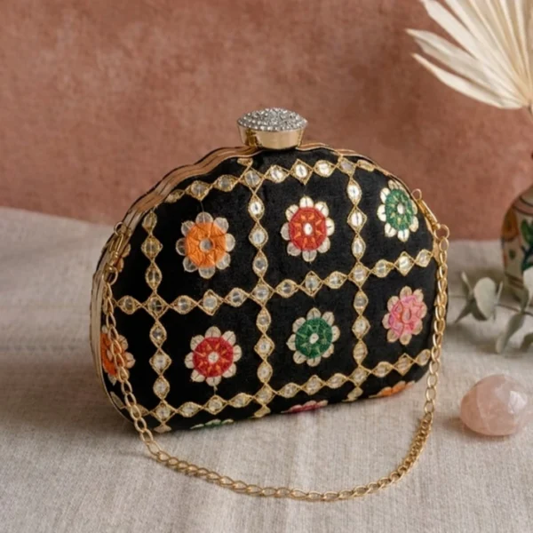 Classy Embroidery DShape Clutch Black