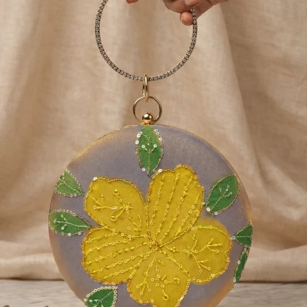 Ethnic Embroidery Bangle Clutch Grey Yellow