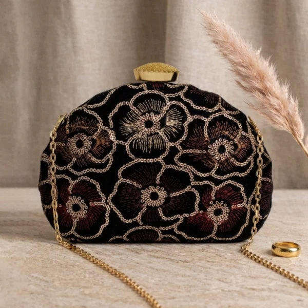 Sequins Embroidery DShape Clutch 1
