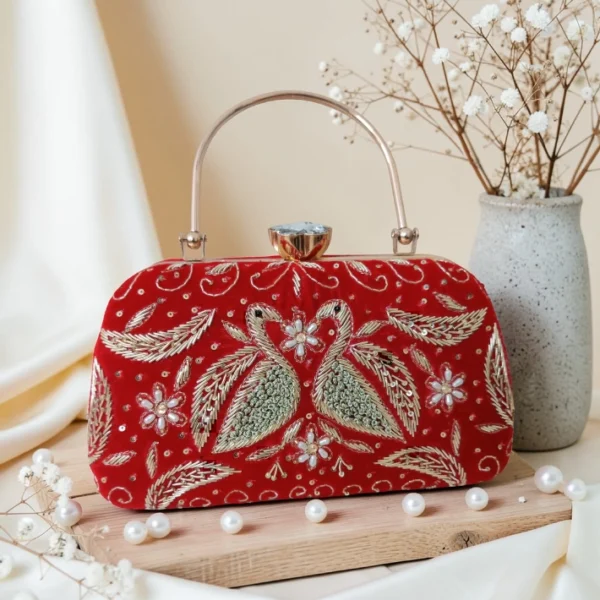 Swan Embroidery Handle Clutch Red