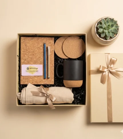 Eco Balance Desk Boxa sustainable corporate gift hamper with cork notebook, seed pen, mug & jute tote.