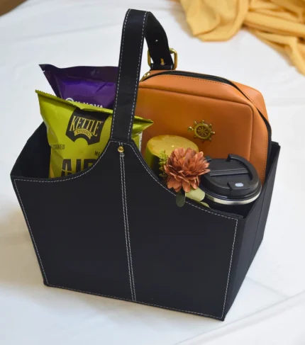 Luxury black basket gift hamper with tech organizer, travel mug, premium coffee, chips, and chocolate waffles – Tech Treat Hamper by YelloWraps.