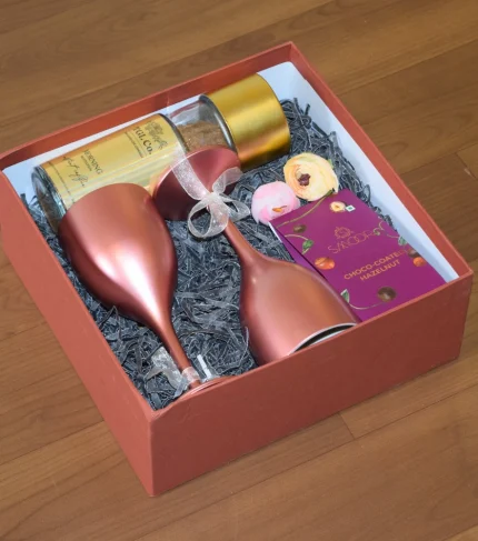 The Cozy Toast hamper with the unbreakable wine glasses, premium coffee and choco coated hazlenut from smoor